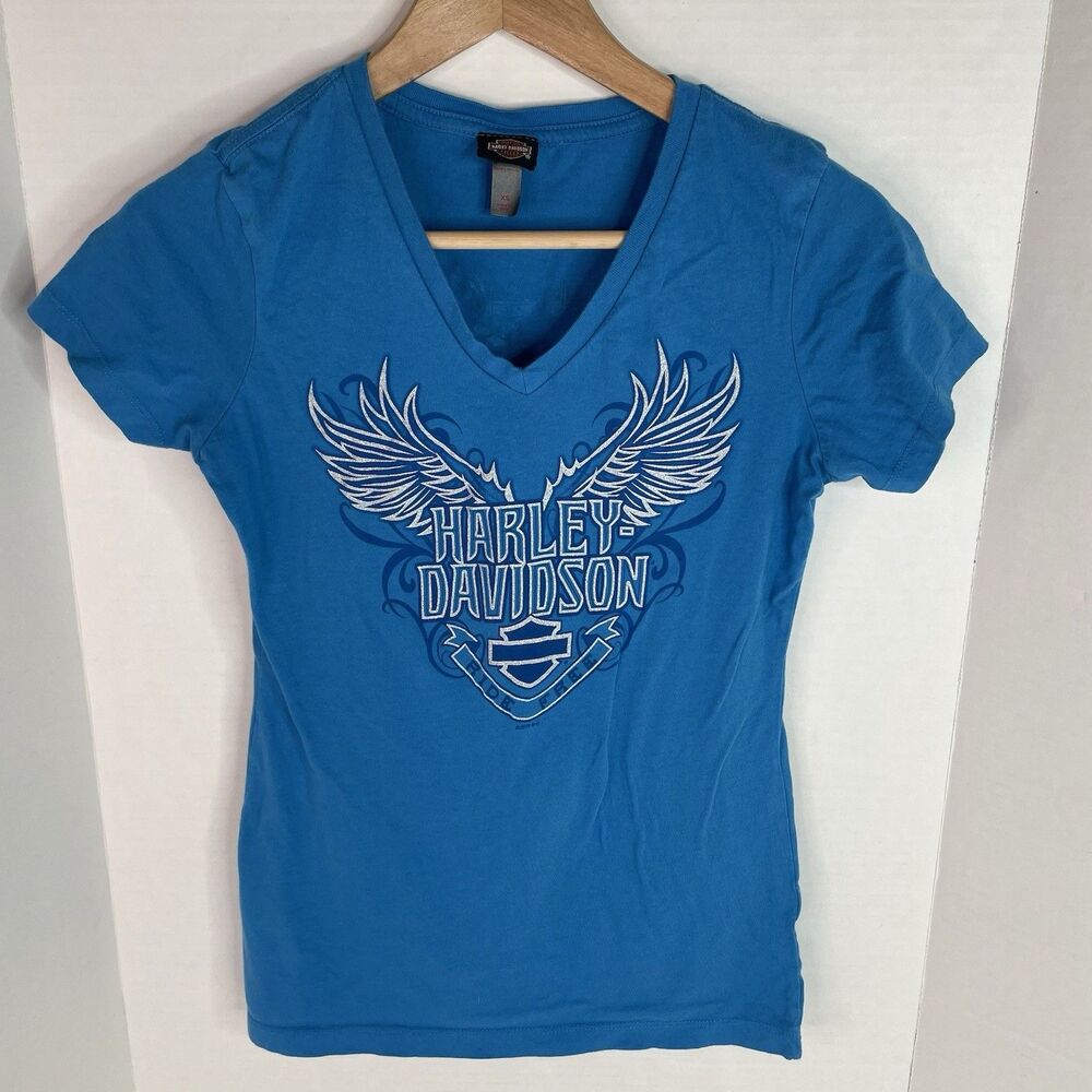 Harley Davidson Women’s V Neck T Shirt XS, Blue, Graphic, Logo, Biker, SC IA